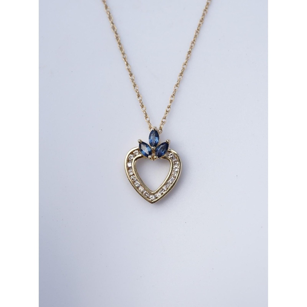 Vintage 14k Solid Yellow Gold Heart Natural Sapphire & Diamond Pendant Necklace - Picture 7 of 8